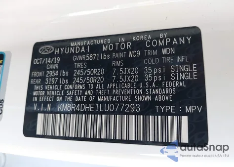 2020 Hyundai Palisade Sel z USA, uszkodzony, nr VIN KM8R4DHE1LU077293
